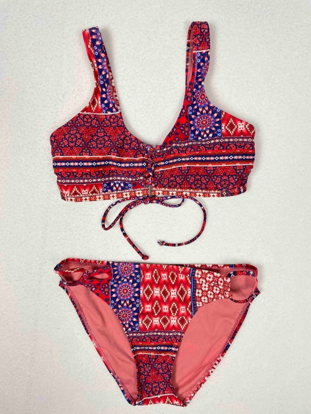Indigo Rein Patchwork Boho Lace up Bikini Matching Set Swim Womens Size L